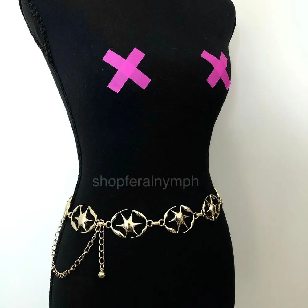 Y2K Celestial Liquid Gold Starburst Chain Belt, Fits 23.5–42.5 Inches, X7GA1218